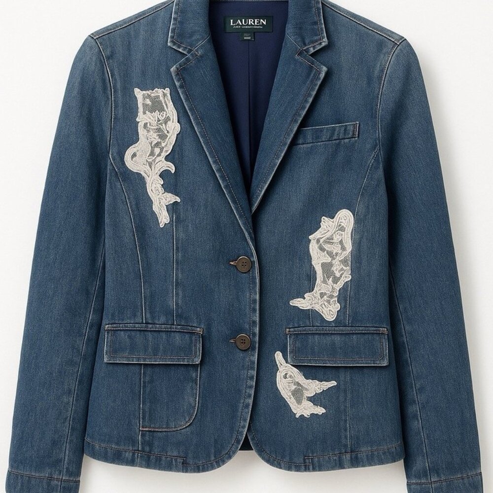NWT Lauren Ralph Lauren Women's Lace Patchwork Denim Indigo Blazer 8 - Picture 4 of 9